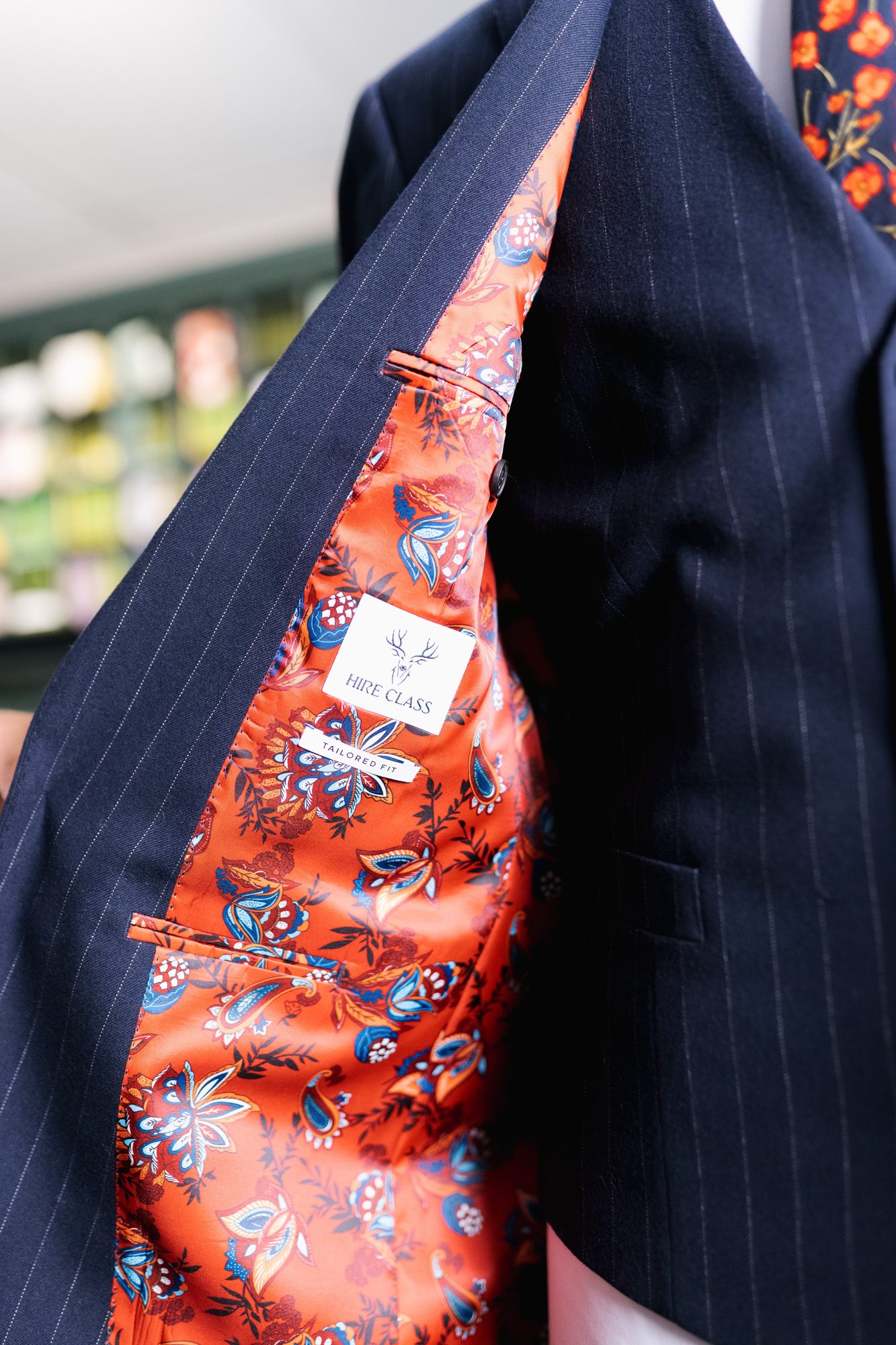 Hand-finished floral lining inside a Hire Class jacket