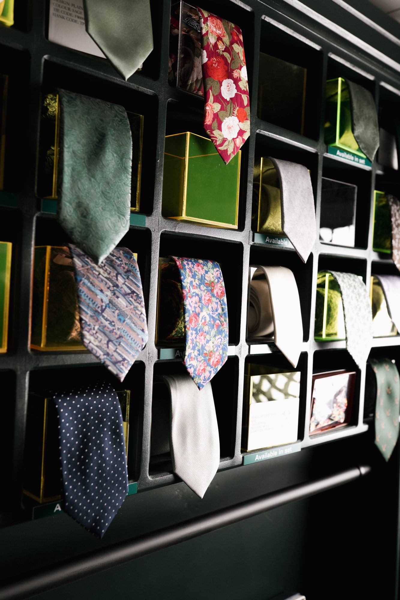 Silk ties on display in the showroom